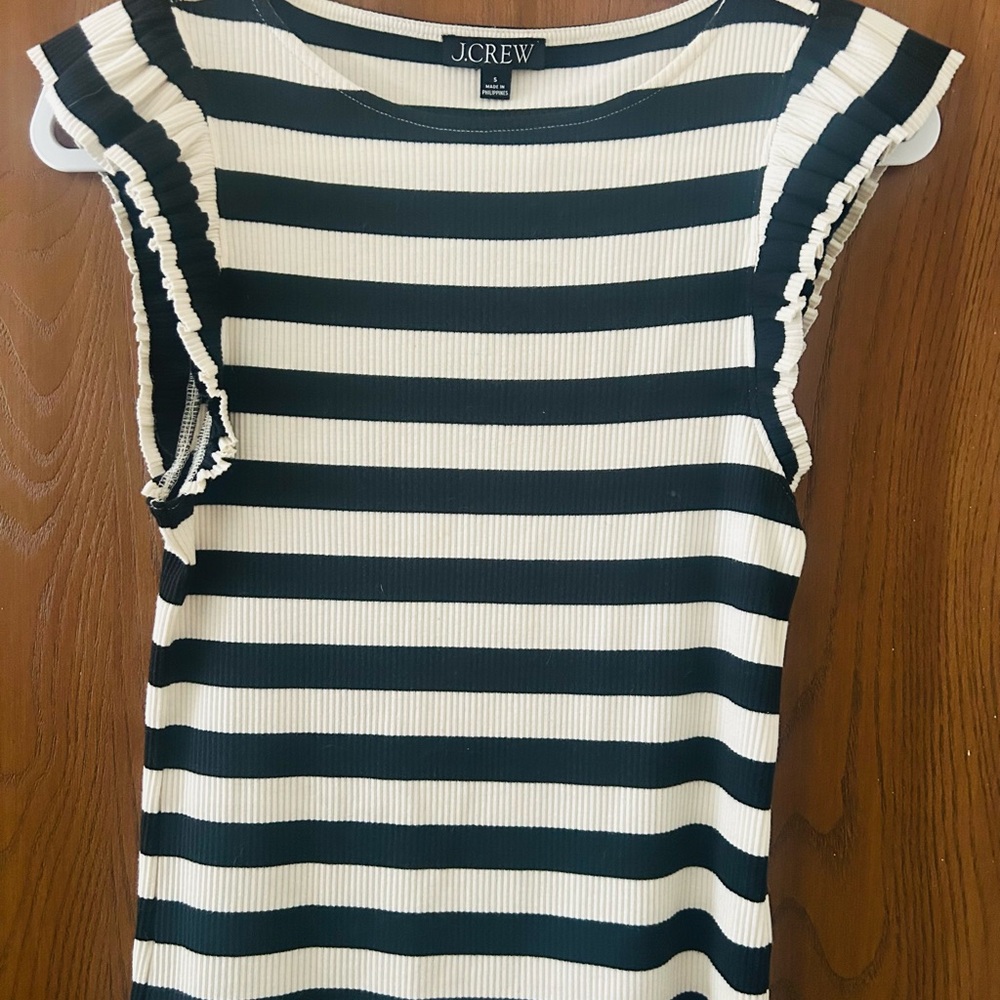J. Crew Blue and White Ruffled Cap Sleeve Tank Top
